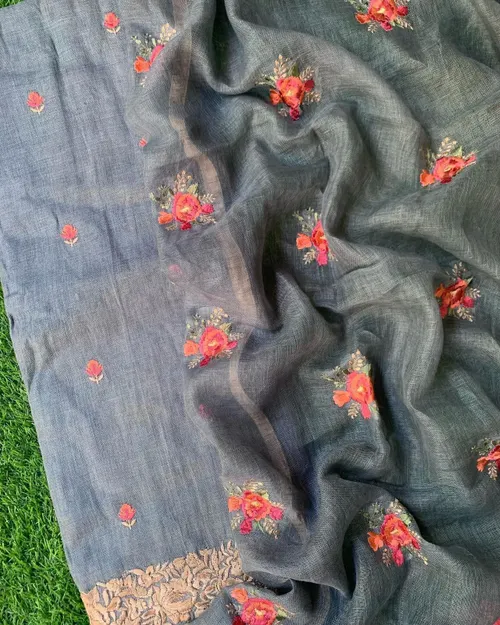 Pure Linen by Linen Floral Embroidery Work Unstitched Top Material with Matching Dupatta – Elegant Summer Wear for Women